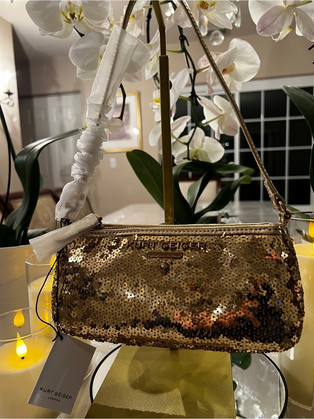 Kurt Geiger London Small Highgate Gold Sequin Baguette Shoulder Wristlet Bag NWT - Picture 9 of 10